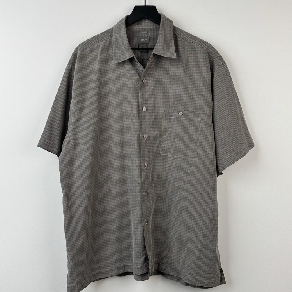 Bruno Sueded Button Up Shirt Men's 1XL Big Gray Micro Check Casual Short Sleeve